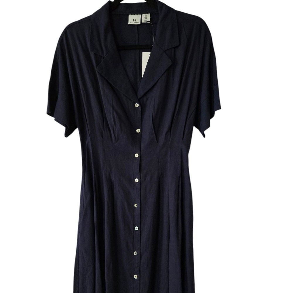 H by Halston Navy Linen‎ Blend Midi Shirt Dress Button Front Summer Classic - Picture 3 of 7